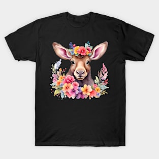 A moose decorated with beautiful watercolor flowers T-Shirt